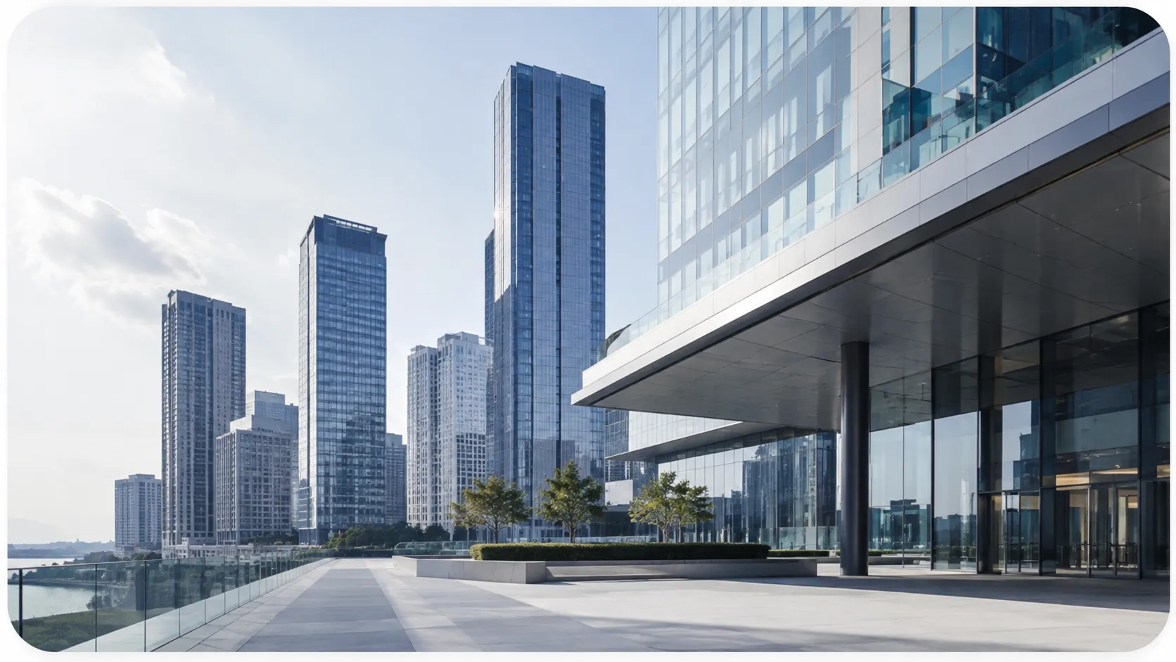 Modern waterfront real estate towers representing tokenized property assets